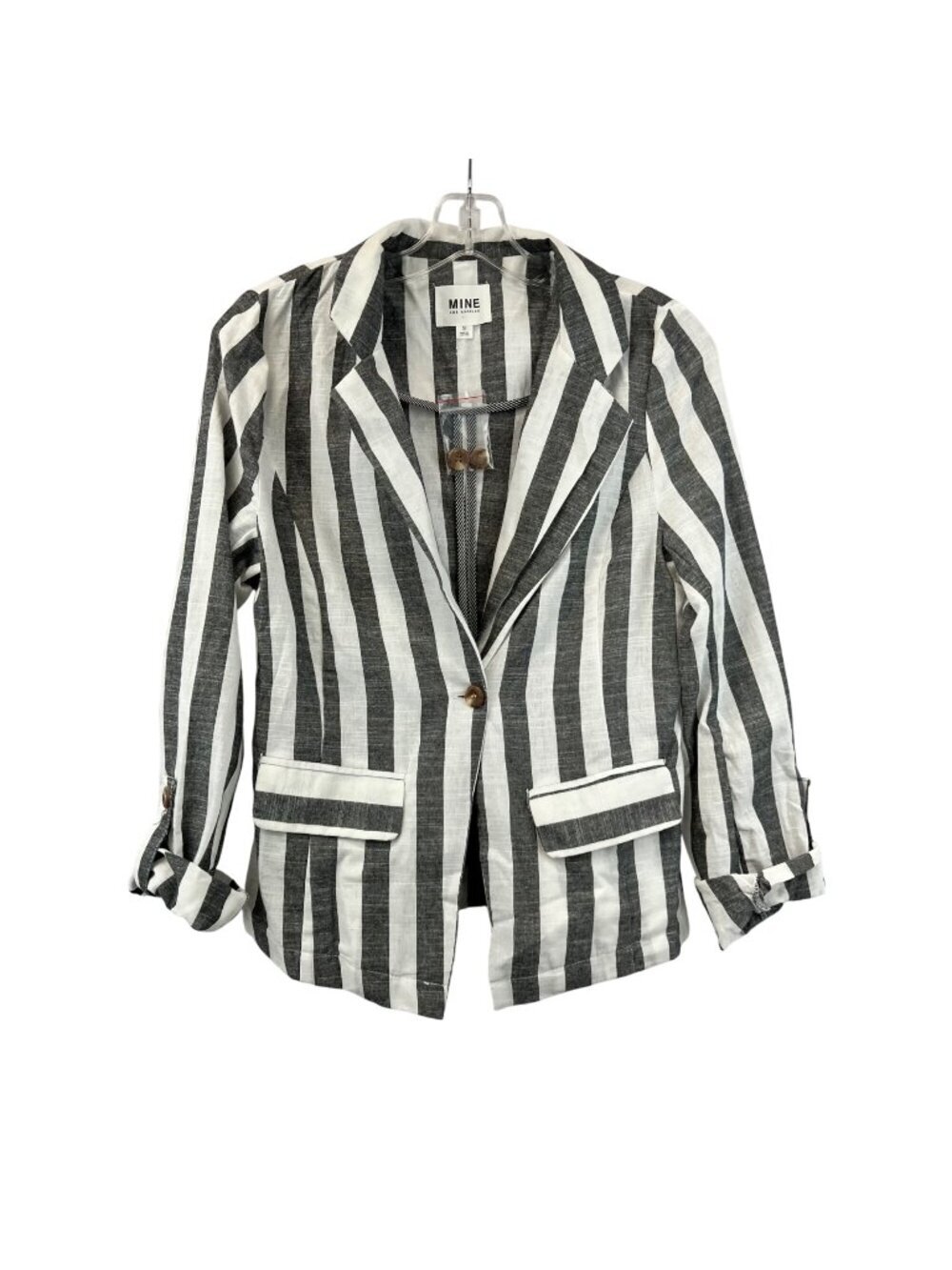 MINE Striped Lightweight Blazer Single Button Roll Tab Sleeve Gray/White Small